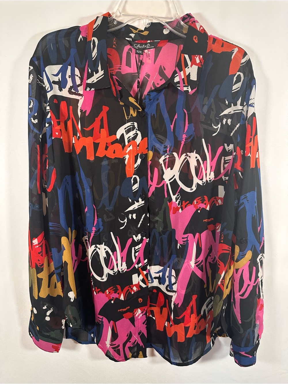 Charlie B Sheer Graffiti Print Button Down Blouse Top‎ Black Multi XL